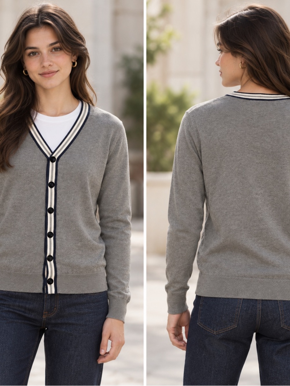 RUDE Gray V-Neck Button Cardigan with Contrasting Trim